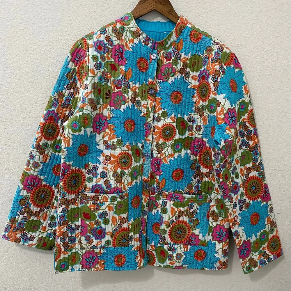 Quilted Floral Button Front Jacket Women’s L Boho Cottagecore - Picture 1 of 7
